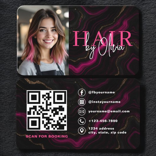 Carte de visite de coiffeur Black Pink avec code Q