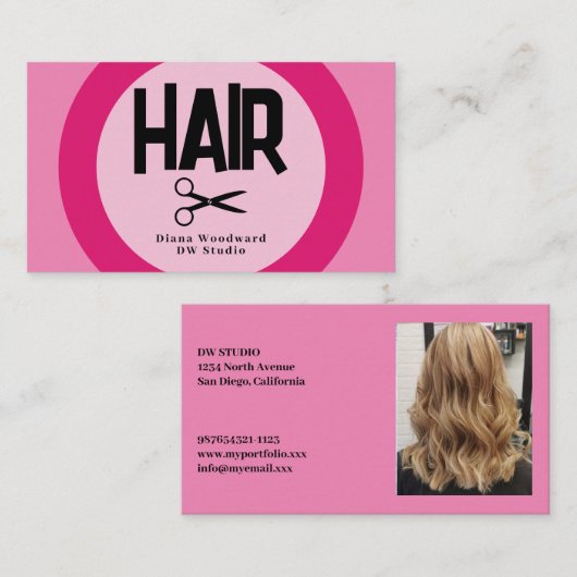 Carte de visite de coiffeur rose photo (Devant / Derrière)