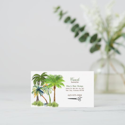 Carte de visite de coiffure Palm Trees & Ciseaux (Debout devant)