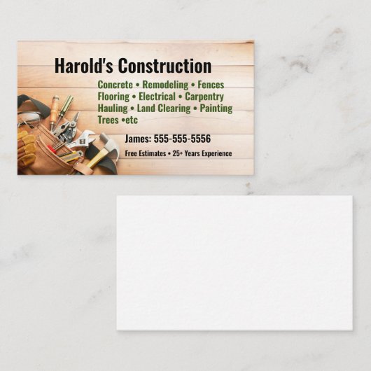 Carte de visite de construction (Devant / Derrière)