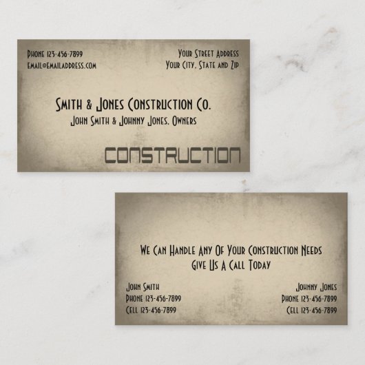 Carte de visite de construction de l'entrepreneur (Devant / Derrière)