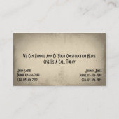Carte de visite de construction de l'entrepreneur (Dos)