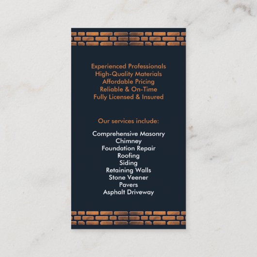 Carte de visite de construction de maçonnerie (Dos)