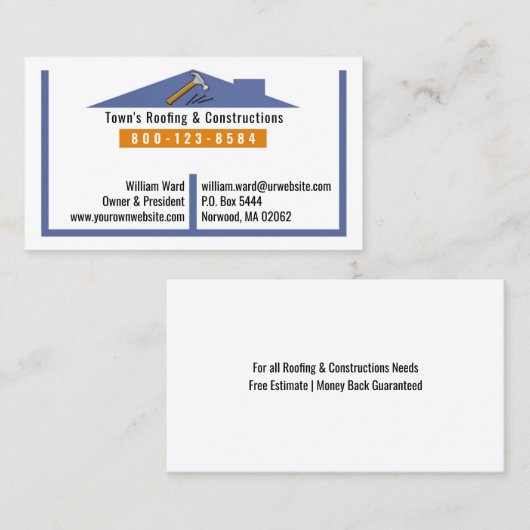 Carte de visite de construction de toitures (Devant / Derrière)