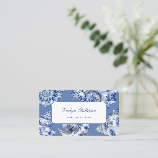 Carte de visite de coquillages bleu océan (Debout devant)