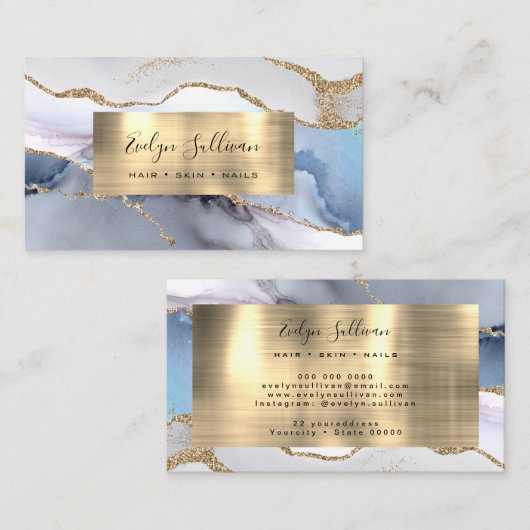 carte de visite de feuille d'or blanc agate bleu (Devant / Derrière)