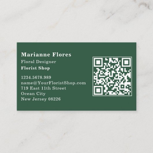 Carte de visite de fleuriste blanc et vert scannab (Devant)