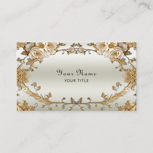 Carte de visite de fleurs blanches ornées dorées (Devant)