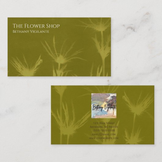 Carte de visite de fleurs vert olive (Devant / Derrière)