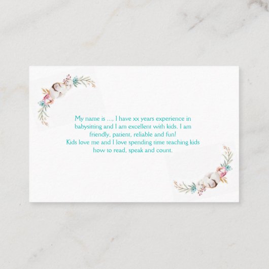 Carte de visite de garde d'enfants (Dos)