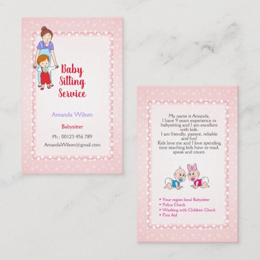 Carte de visite de garde d'enfants (Devant / Derrière)
