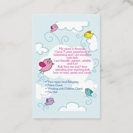 Carte de visite de garde d'enfants (Dos)