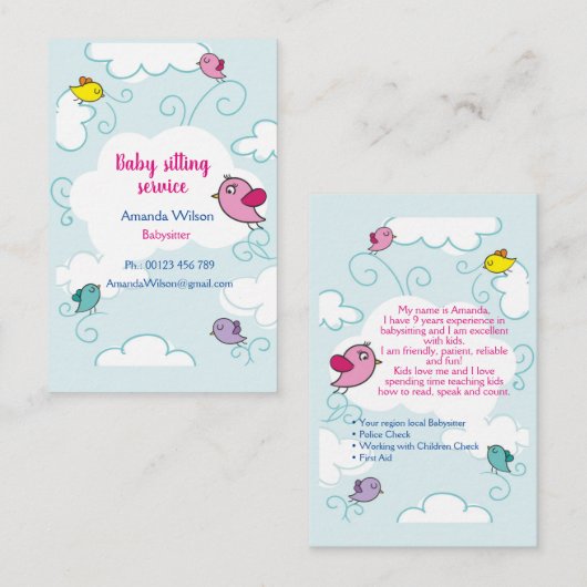 Carte de visite de garde d'enfants (Devant / Derrière)