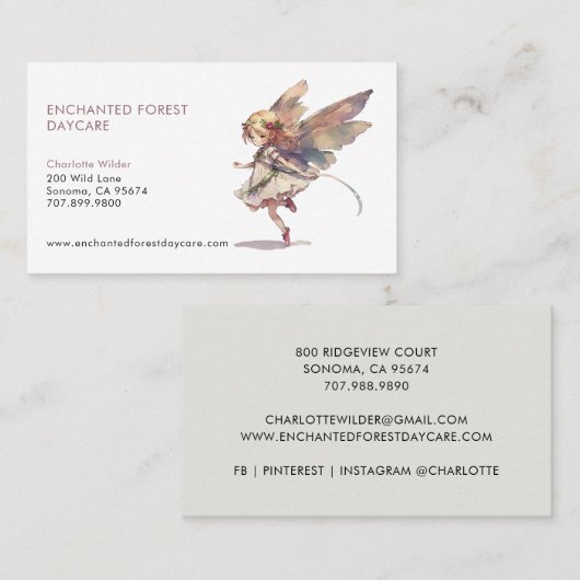 Carte de visite de garde d'enfants de fées peintes (Devant / Derrière)