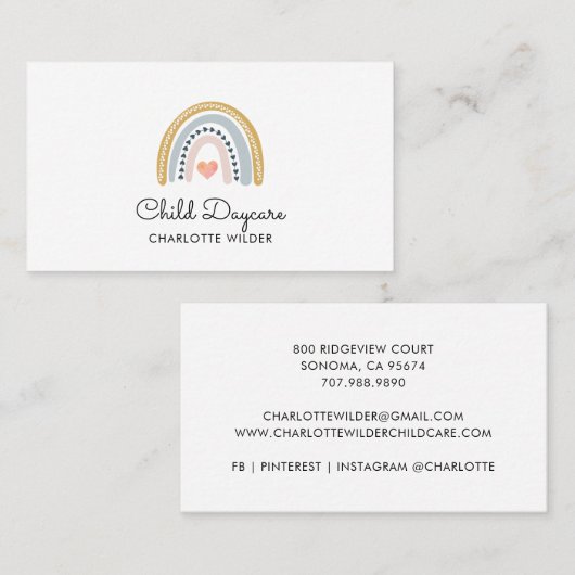 Carte de visite de garderie Boho Rainbow (Devant / Derrière)