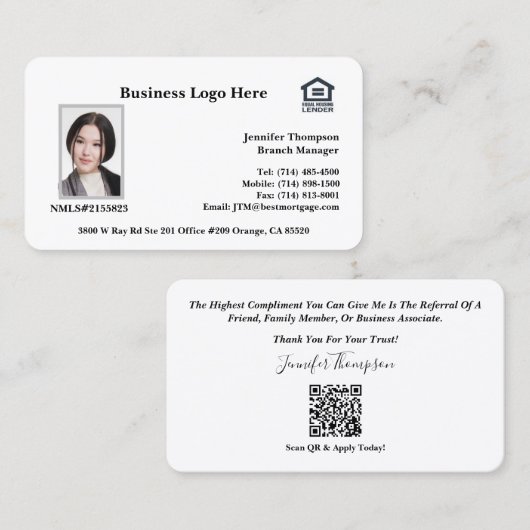 Carte de visite de l'agent de prêt (Devant / Derrière)