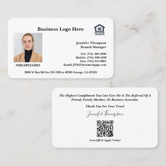 Carte de visite de l'agent de prêt (Devant / Derrière)