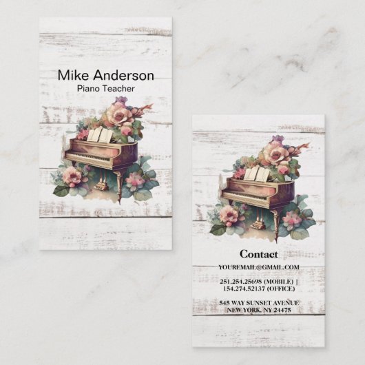 Carte de visite de l'enseignant de piano rustique  (Devant / Derrière)