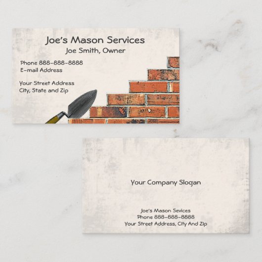 Carte de visite de maçonnerie Brick Mason (Devant / Derrière)