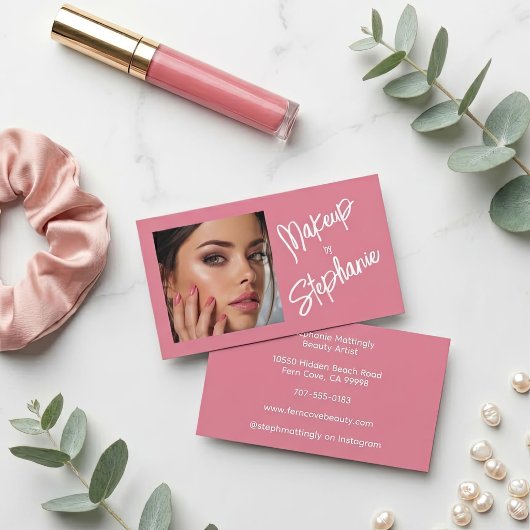 Carte de visite de maquillage à écriture rose et b