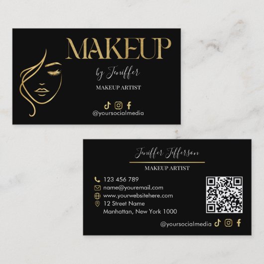 Carte de visite de maquilleur Luxe Noir & Or (Devant / Derrière)