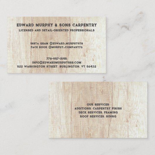 Carte de visite de menuiserie de construction (Devant / Derrière)