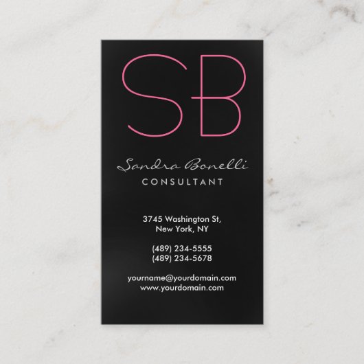 Carte de visite de monogramme rose gris noir (Devant)