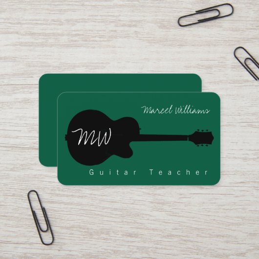 Carte de visite de musique verte avec guitare noir (Devant/Arrière en situation)