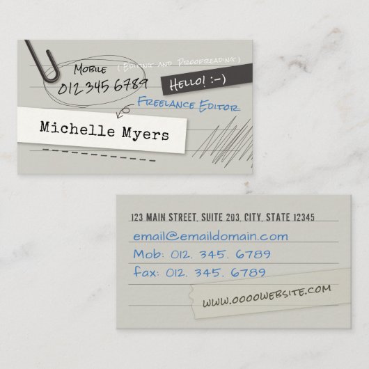 Carte de visite de page de carnet (Devant / Derrière)