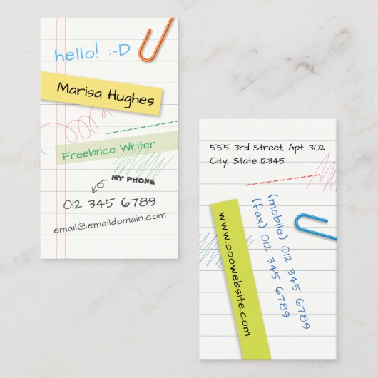 Carte de visite de page de carnet (Devant / Derrière)