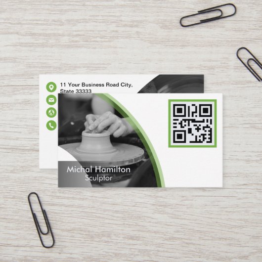 Carte de visite de sculpteur vert moderne (Devant/Arrière en situation)