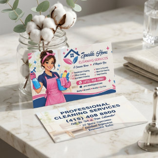 Carte de visite de service de nettoyage rose et ma