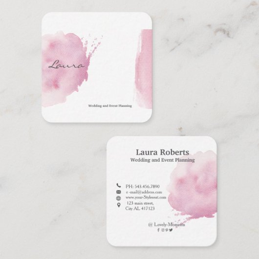 Carte de visite de trait d'aquarelle rose (Devant / Derrière)