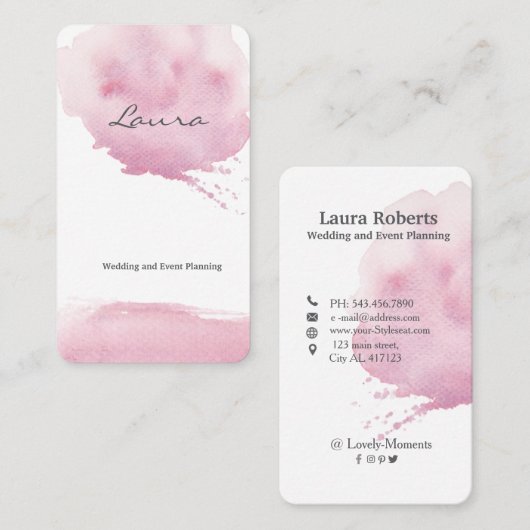 Carte de visite de trait d'aquarelle rose (Devant / Derrière)