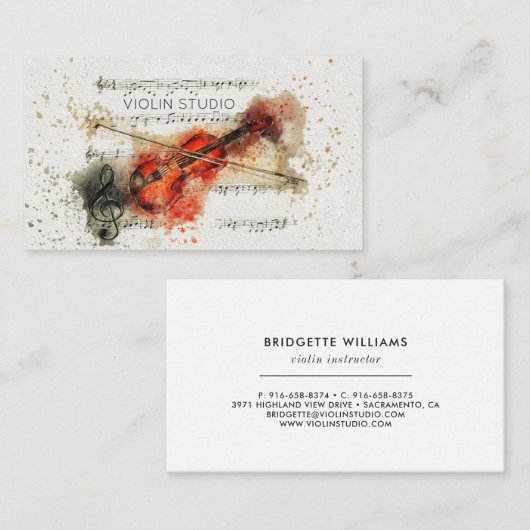 Carte de visite de violon aquarelle (Devant / Derrière)