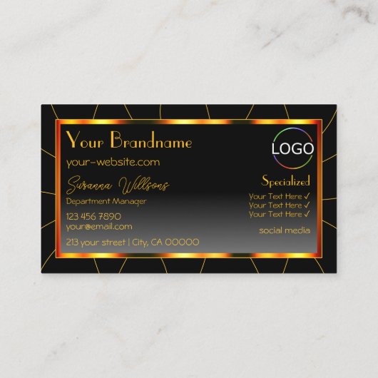 Carte De Visite Décontracté Orange Cadre noir Gradient ajouter Log (Dos)