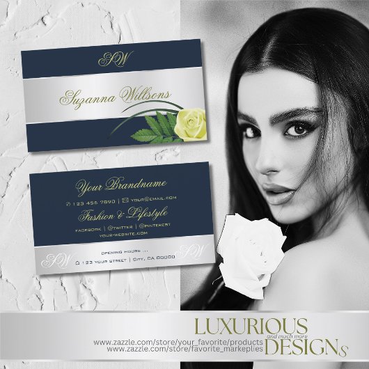 Carte De Visite Décor bleu foncé Fleur Rose avec Initiales