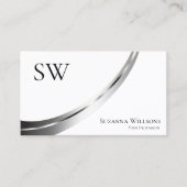 Carte De Visite Décor classique blanc argenté avec monogramme (Devant)