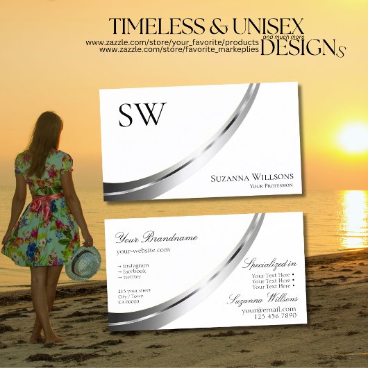 Carte De Visite Décor classique blanc argenté avec monogramme