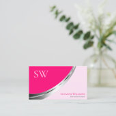 Carte De Visite Décor d'argent rose élégant avec monogramme et pho (Debout devant)