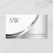 Carte De Visite Décor moderne blanc et argent avec Monogramme Nobl (Devant)