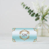 Carte De Visite Décor Noble Ice Blue Monogramme Photo QR Code (Debout devant)