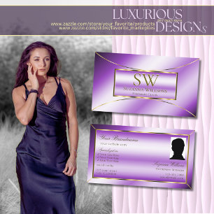 Carte De Visite Décor Royal violet or avec monogramme et photo