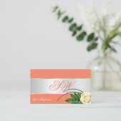 Carte De Visite Décor saumon Argent Joli Fleur Rose avec Monogramm (Debout devant)