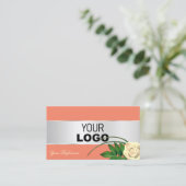 Carte De Visite Décor saumon Argent Superbe Fleur Rose avec logo (Debout devant)