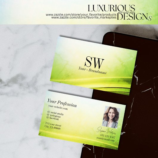 Carte De Visite Décor vert en marbre foncé Monogramme Photo