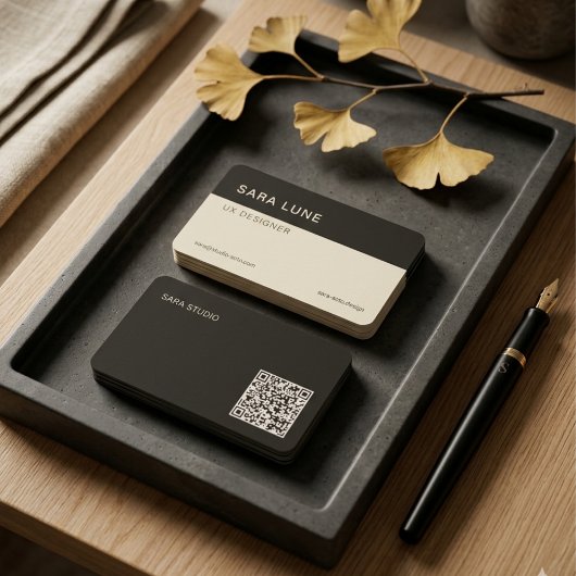 Carte De Visite Deep Black Japandi Minimal QR Code Designer Studio