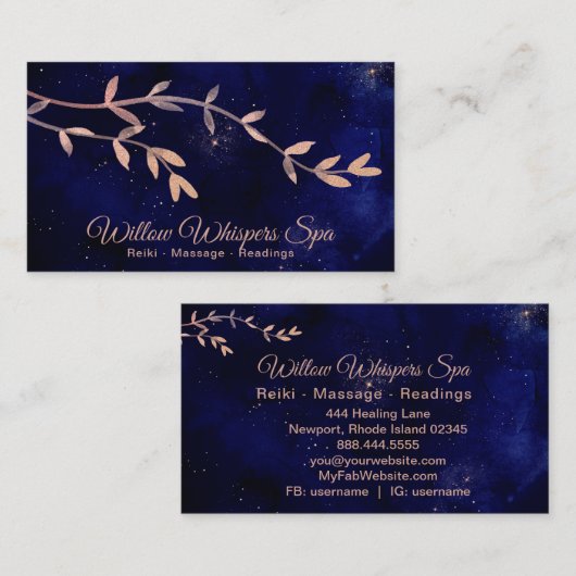 Carte De Visite *~* Deep Blue Night Sky Botanical Willow Branch (Devant / Derrière)