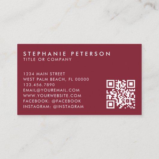 Carte De Visite Deep Burgundy Elegant Custom Company Logo QR Code (Dos)