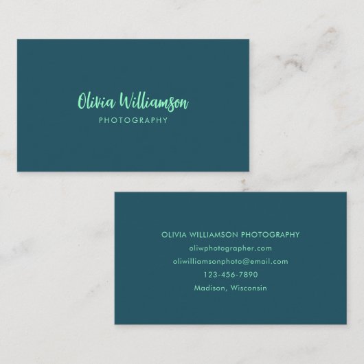 Carte De Visite Deep Teal Mint Script Name Minimalist Creative (Devant / Derrière)